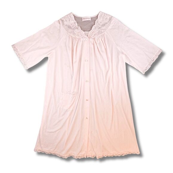 Shadowline Robe Womens M Vintage Nylon Floral Lace Pink 3/4 Sleeve Lightweight - Picture 13 of 15